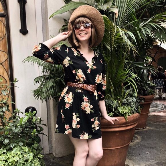 LOFT Black Floral Bouquet Smocked Flare Dress - Picture 5 of 5